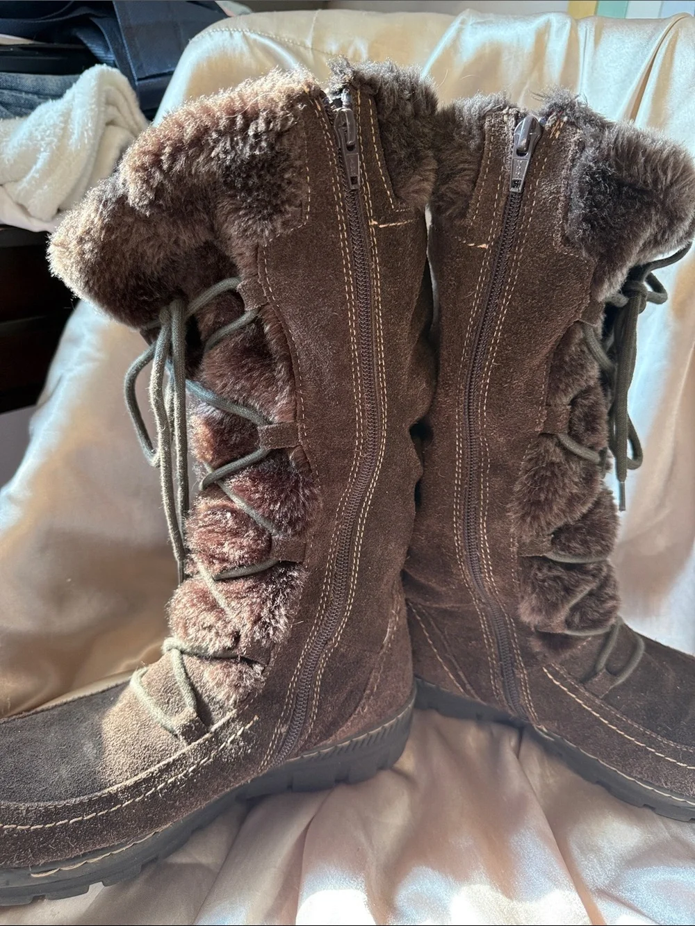 Women's Brown Suede Faux-Fur  Lace-Up Winter Boots (and zip)